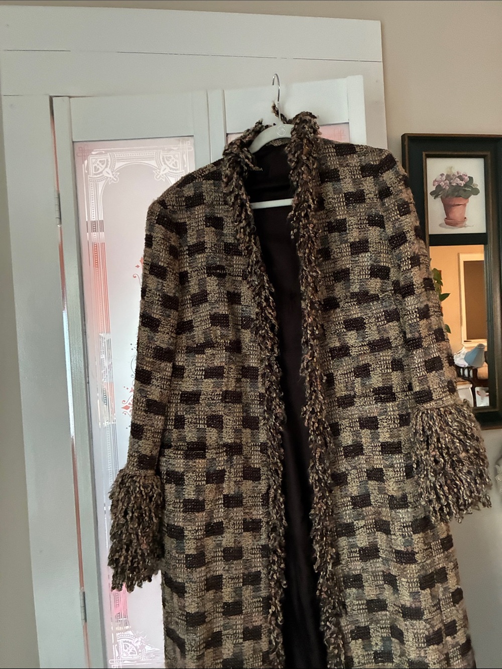 Escada Black and Cream Fringe-Trim Checkered Long Coat - Picture 7 of 8